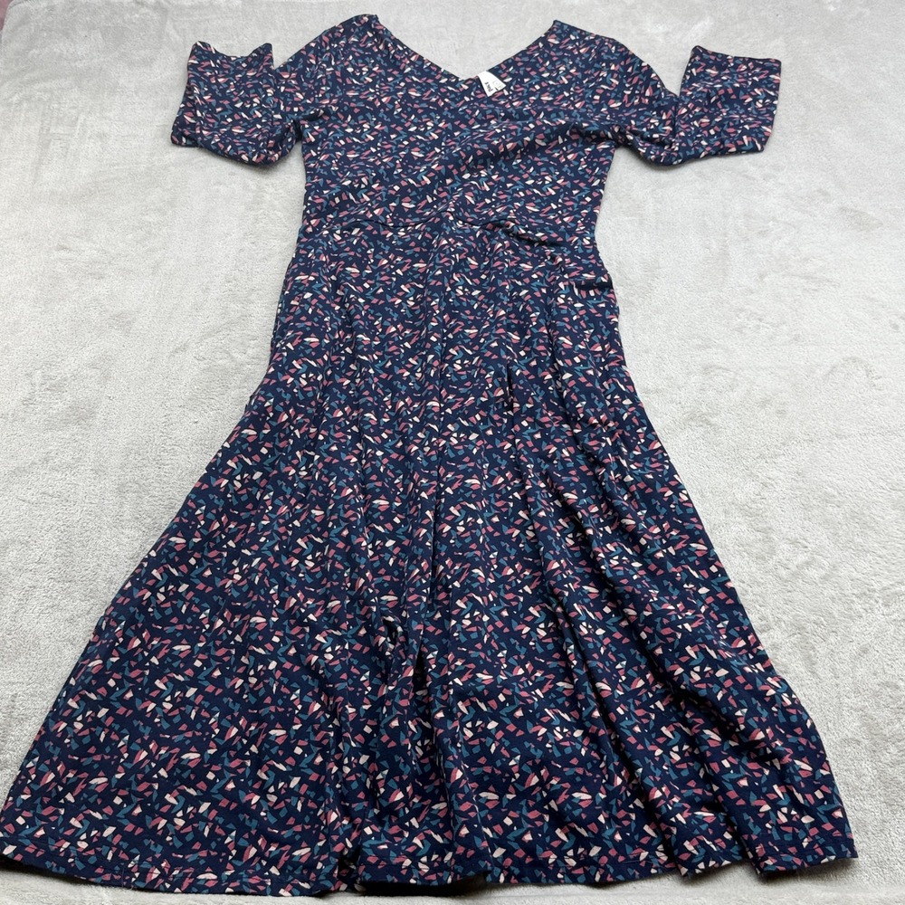 Pact Fit and Flare Dress Women L Navy Abstract Organic Cotton VNeck Eco Friendly